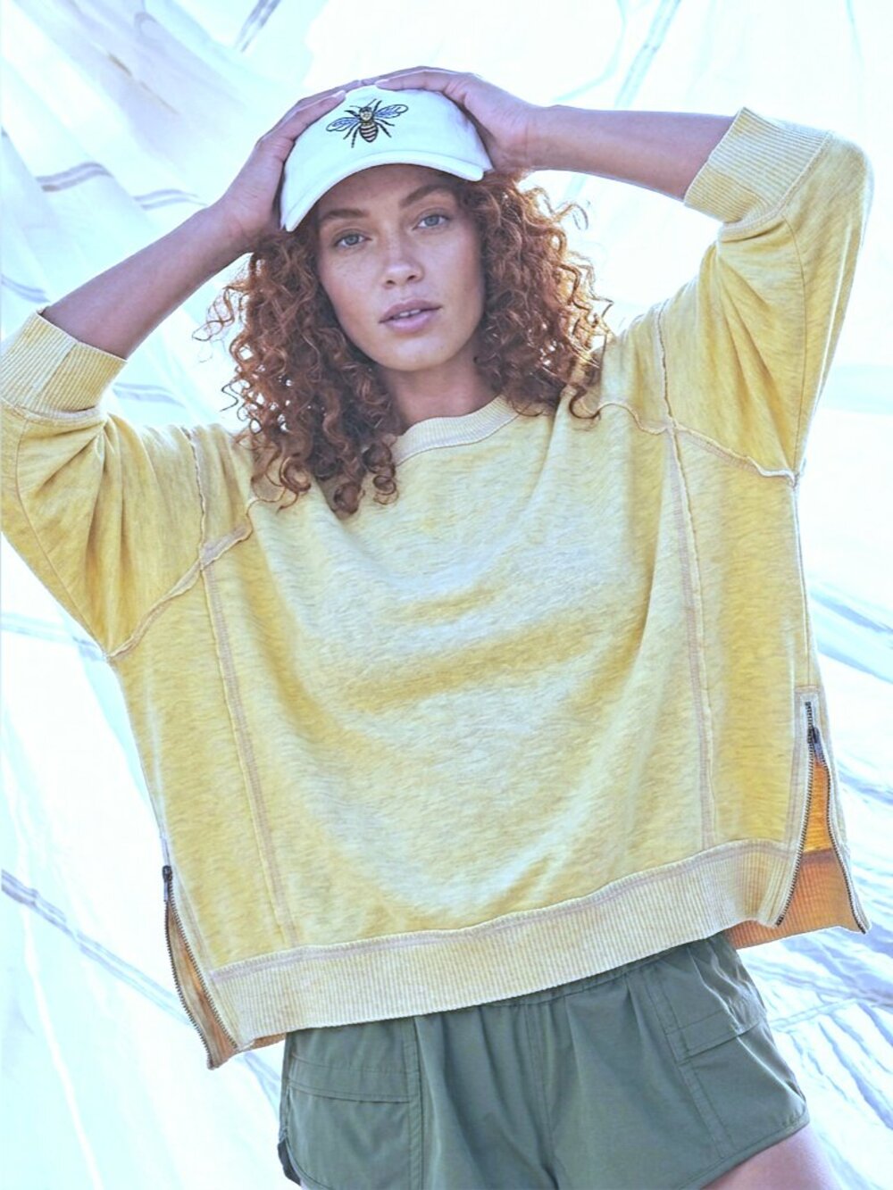 FP Movement Free People Oversized Sweatshirt Side Zip Details Pale Yellow L